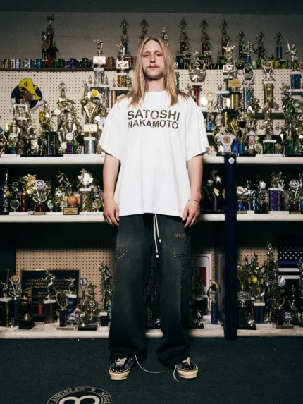 SATOSHI NAKAMOTO STUDDED LOGO TEE